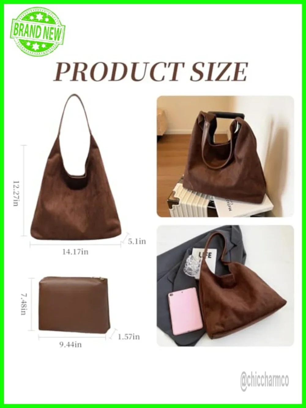 Faux Suede Slouchy Hobo Tote Bag Shoulder Handbag